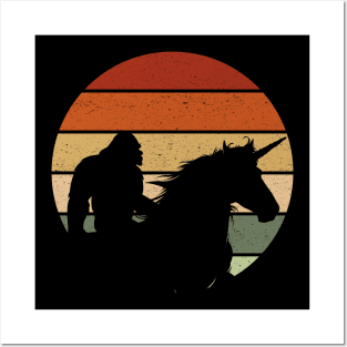 Bigfoot Riding A Unicorn Retro Vintage Sunset Posters and Art